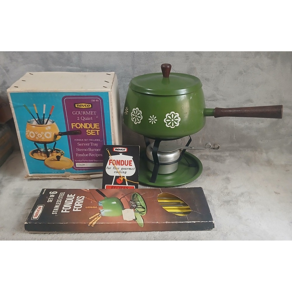Vintage Nevco Avocado Green Floral 2 Quart Fondue Set 70s MCM with Forks Box